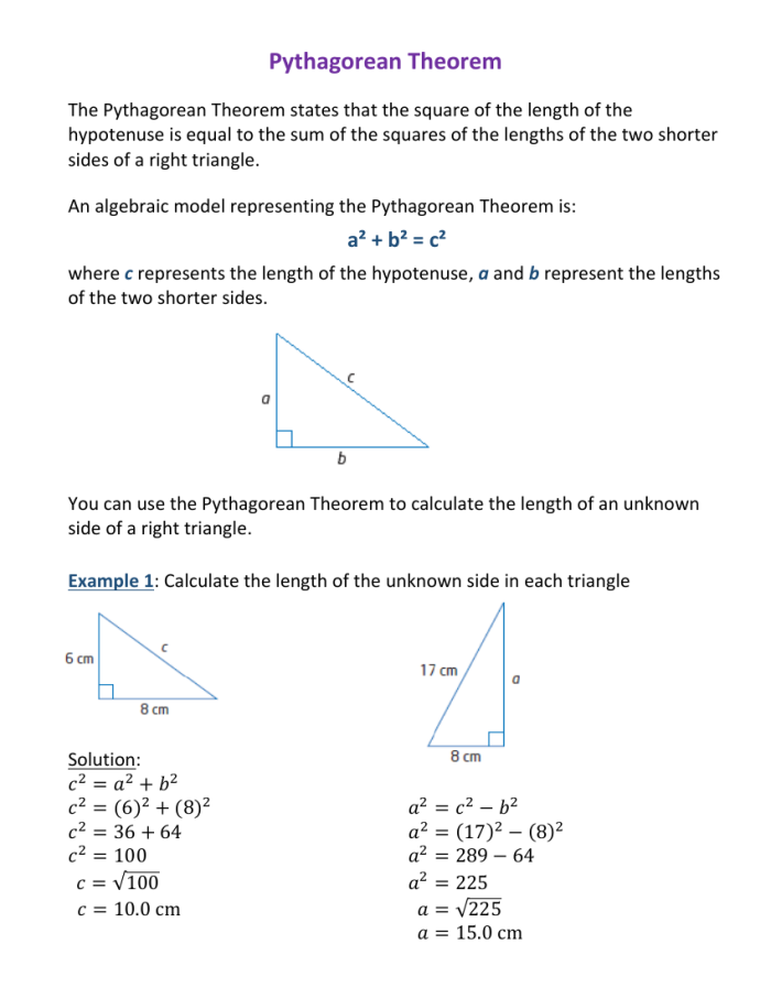 Eighth grade geometry worksheet featuring various right triangles to solve using the Pythagorean theorem