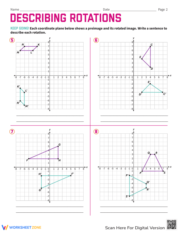 Describing Rotations Geometry Worksheet 24 Eighth grade geometry worksheet featuring coordinate plane rotation problems