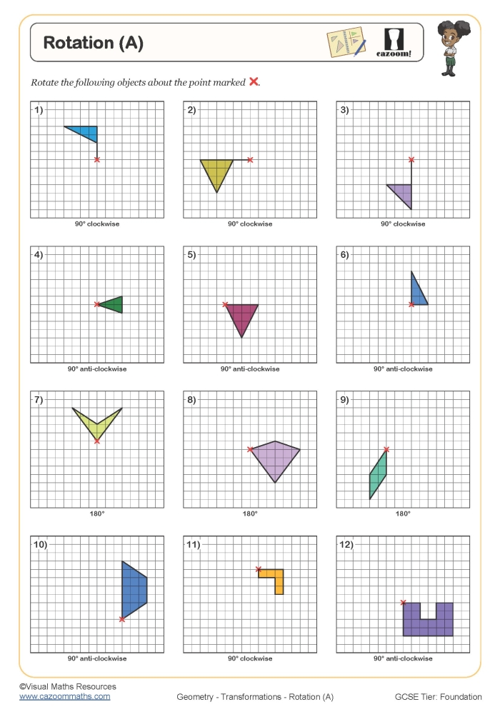 Describing Rotations worksheet for eighth-grade students Eighth-grade geometry worksheet focusing on understanding rotations in the coordinate plane