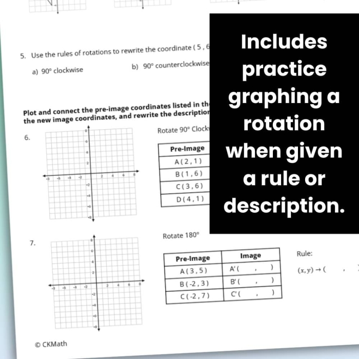 Eighth grade geometry worksheet featuring coordinate plane grids for practicing 90, 180, and 270 degree counterclockwise rotations