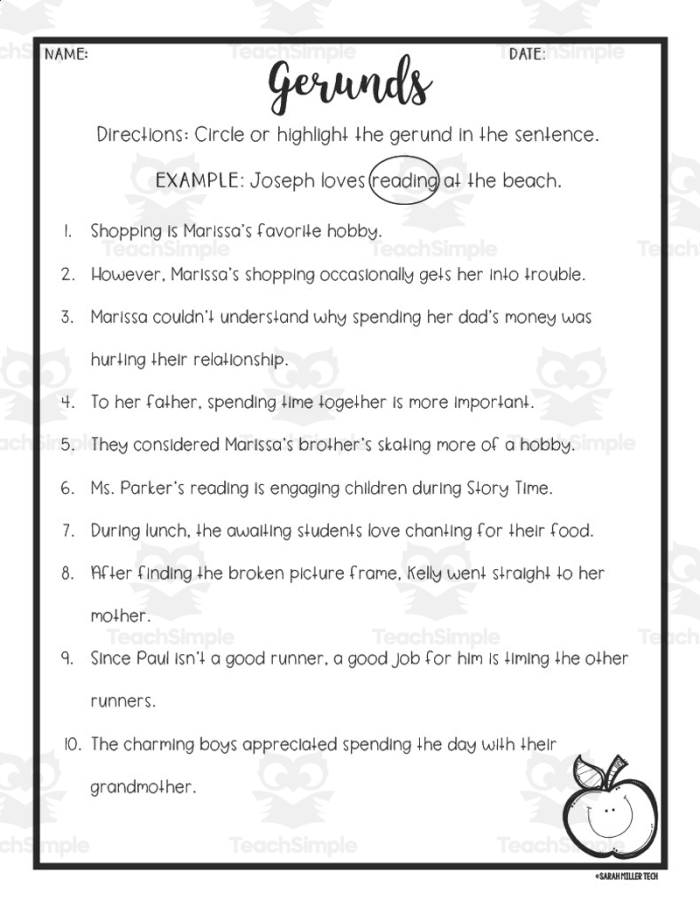 Addition worksheet for Eighth Grade Worksheet for eighth graders on identifying gerunds, infinitives, and participles in grammar. Visual guide for understanding gerunds, infinitives, and participles in a concise format.