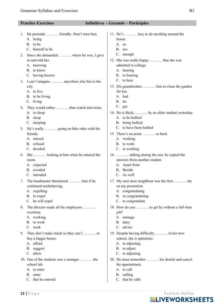 Identifying Gerunds, Infinitives, and Participles Worksheet for Grade 8 Worksheet featuring examples of gerunds, infinitives, and participles for eighth-grade students