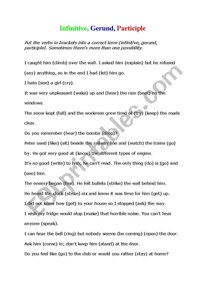 Eighth Grade Grammar Worksheet on Gerunds, Infinitives, and Participles Worksheet for identifying gerunds, infinitives, and participles for eighth graders