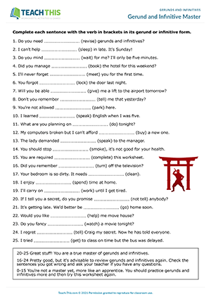Educational grammar worksheet focused on gerunds, infinitives, and participles Worksheet for identifying gerunds, infinitives, and participles for eighth-grade students