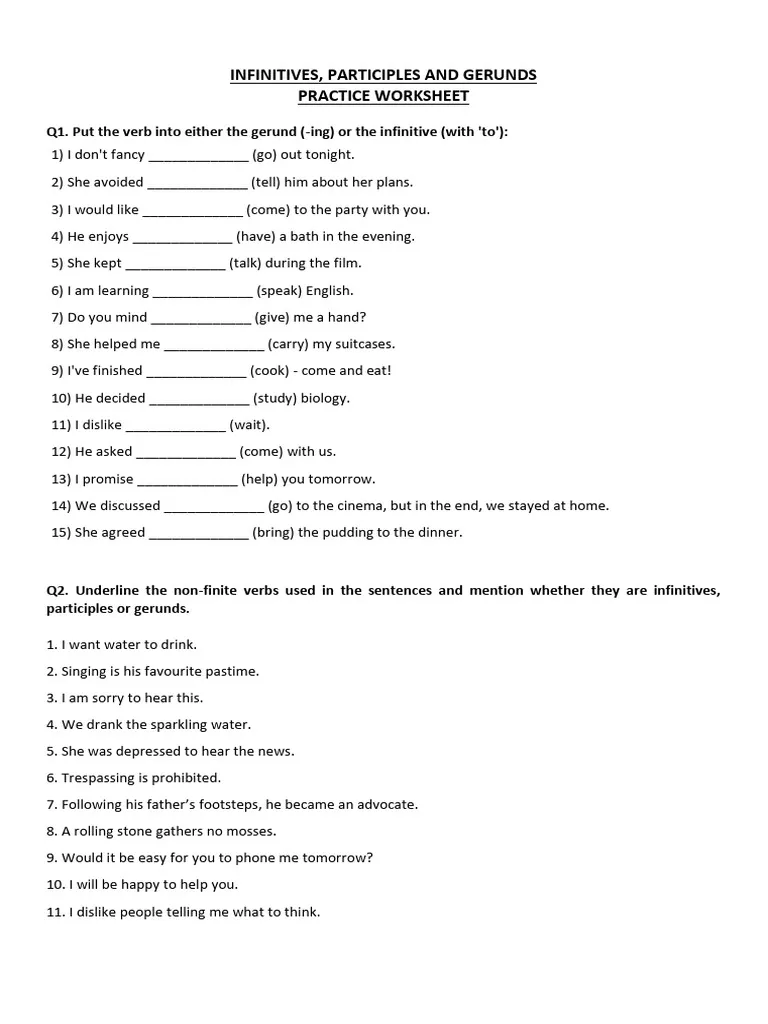 Addition worksheet for Eighth Grade Worksheet for identifying gerunds, infinitives, and participles in grammar. Eighth grade grammar practice on gerunds, infinitives, and participles.