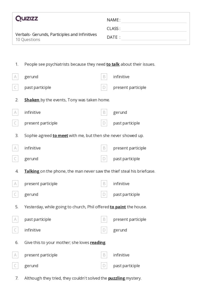 Identifying Gerunds, Infinitives, and Participles worksheet for grammar practice Worksheet featuring examples of gerunds, infinitives, and participles for eighth graders