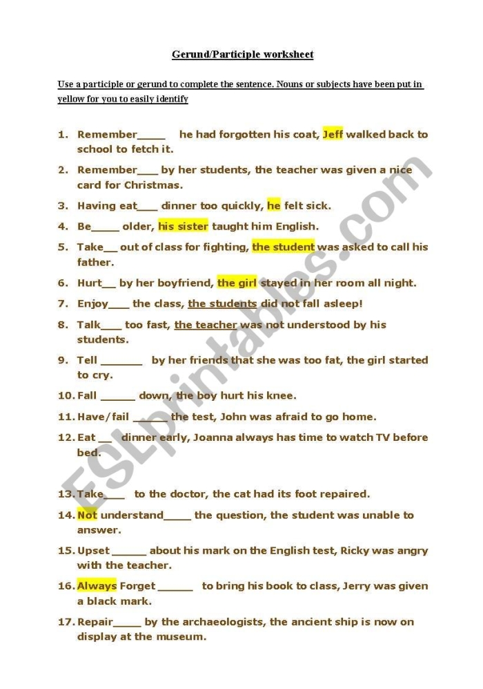 Grammar worksheet on gerunds, infinitives, and participles for learning purposes Worksheet for identifying gerunds, infinitives, and participles for eighth graders
