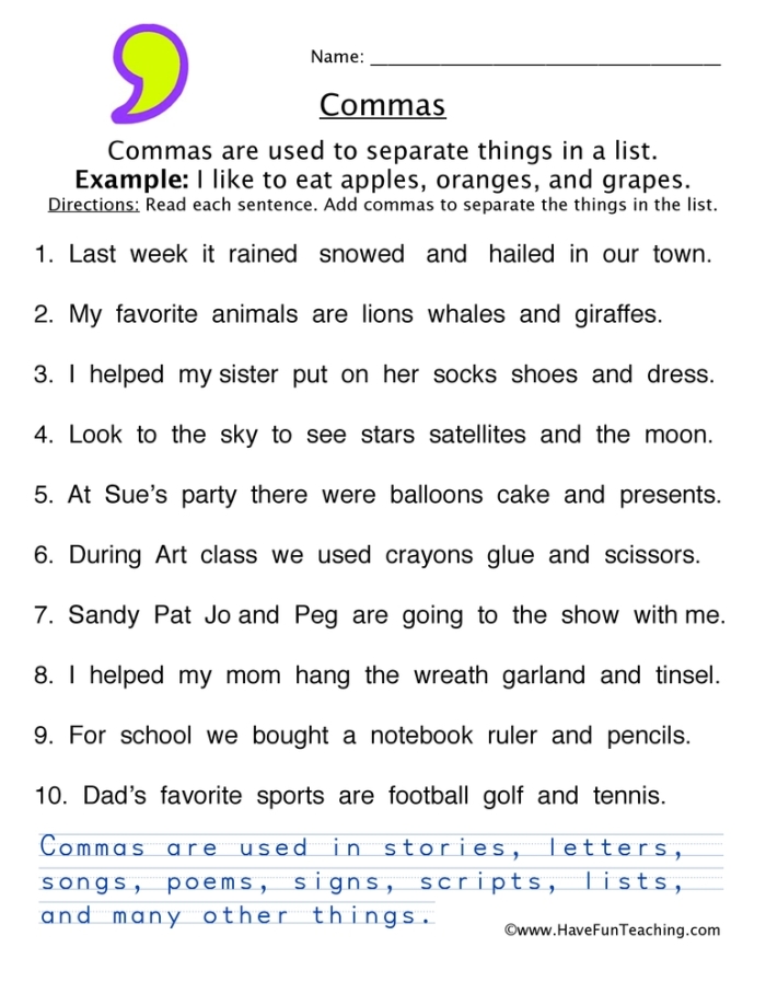 Eighth-grade worksheet focusing on comma usage for grammar practice