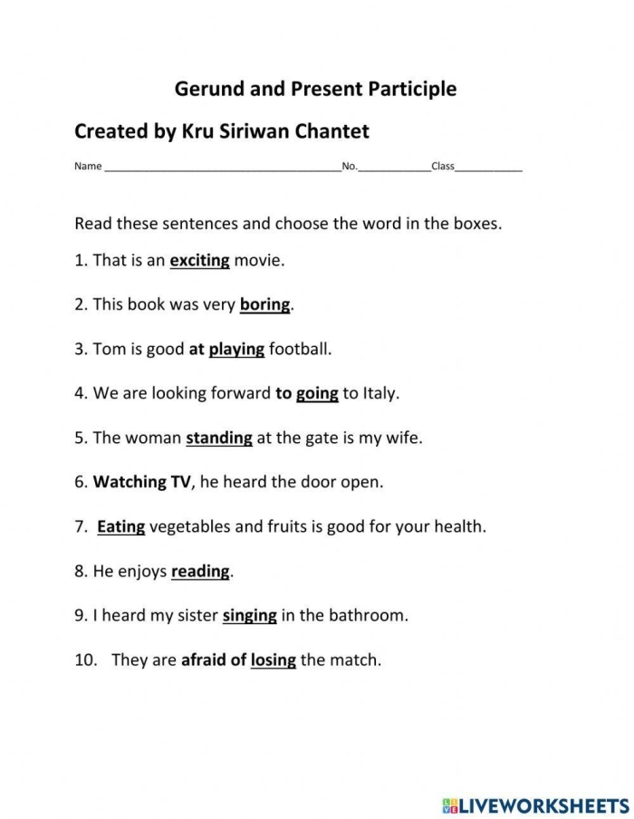 Grammar practice worksheet on gerunds, infinitives, and participles for learners Worksheet for identifying gerunds, infinitives, and participles for eighth-grade students