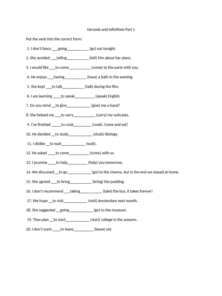 Eighth grade grammar worksheet on gerunds, infinitives, and participles Worksheet for identifying gerunds, infinitives, and participles in grammar exercises