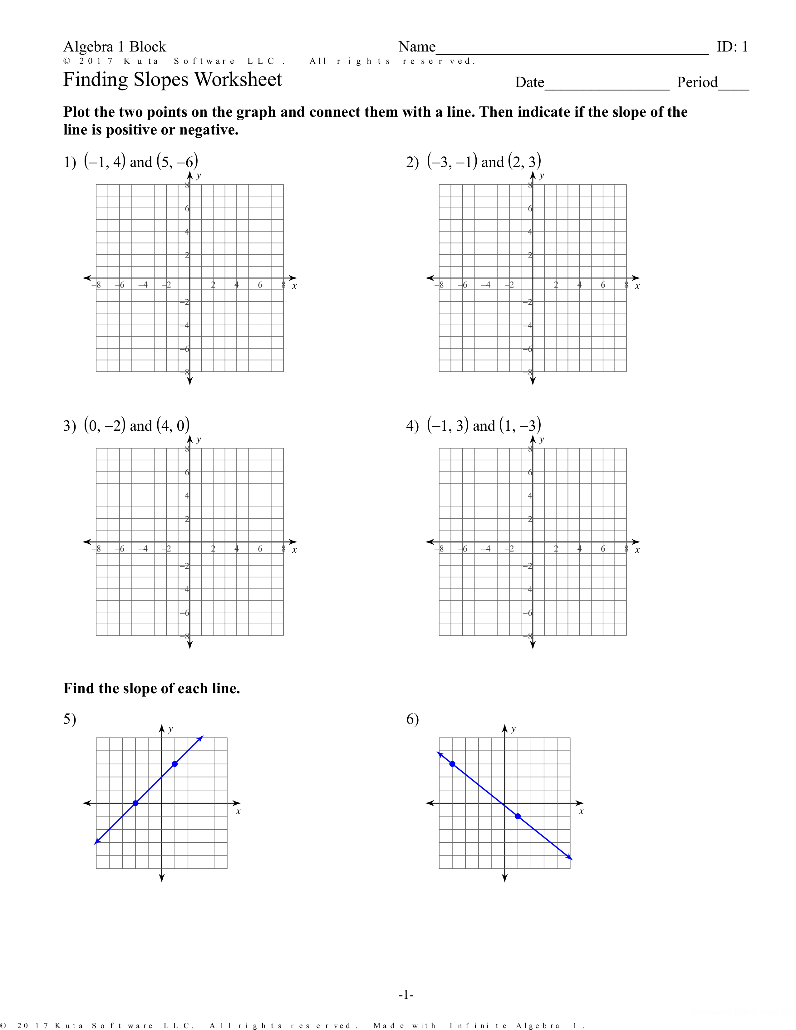 Eighth-grade worksheet focusing on determining slope from a graph illustration