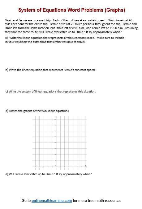 Eighth-grade algebra worksheet focused on graphing word problems involving systems of equations Students engaged in solving systems of linear equations word problems using graphing techniques