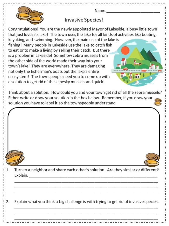 Eighth grade worksheet focused on informational reading comprehension about the environmental impact of invasive species.