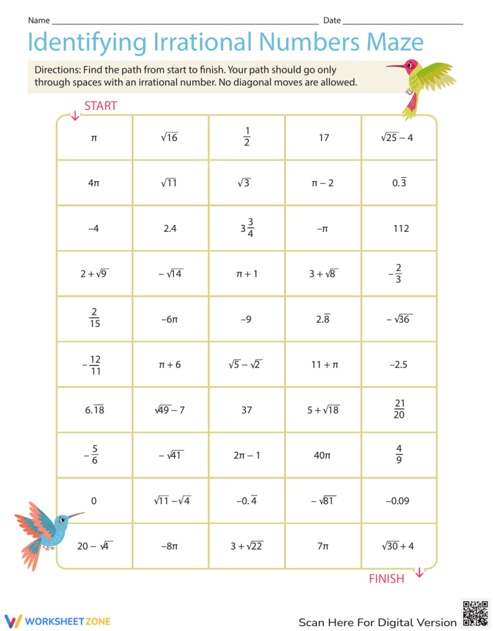 Identifying Irrational Numbers Maze for Eighth Grade Students Worksheet featuring a maze designed to help eighth graders identify irrational numbers and distinguish them from rational ones