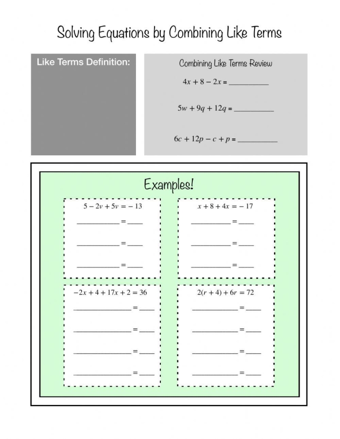 Eighth grade algebra worksheet for practicing solving equations with like terms