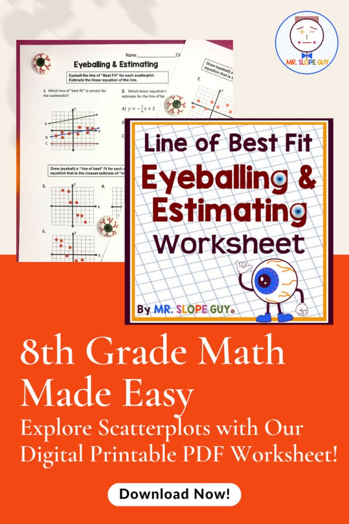 Eighth grade math worksheet showing scatter plots for students to practice drawing lines of best fit