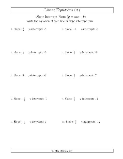 Worksheet for writing a linear equation using y-intercept and a point for eighth graders