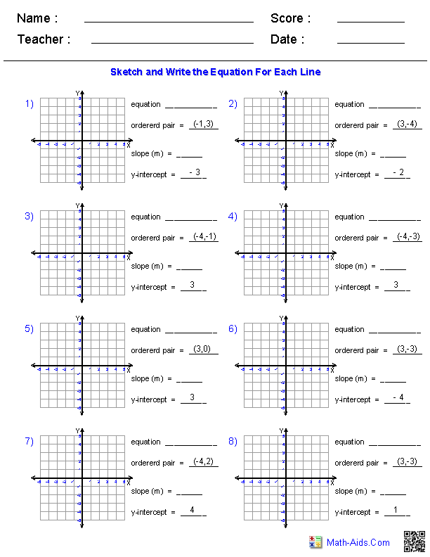 Worksheet for writing a linear equation using y-intercept and given point