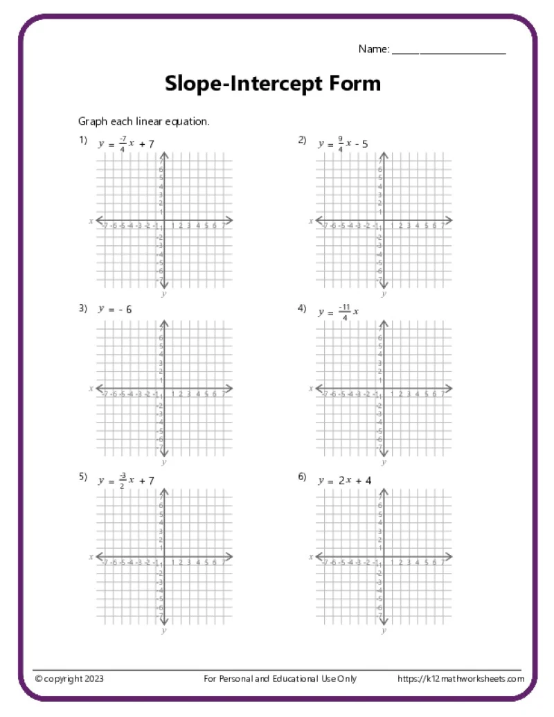 Eighth grade algebra worksheet for writing linear equations given a y-intercept and a point