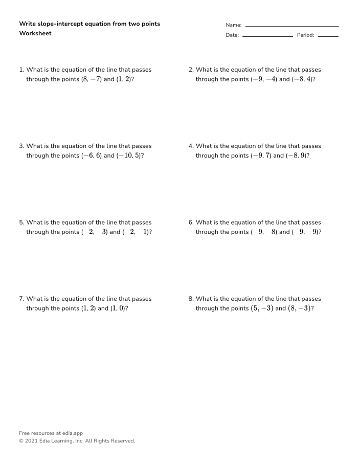 Eighth grade algebra worksheet for writing a linear equation using a given y-intercept and a point