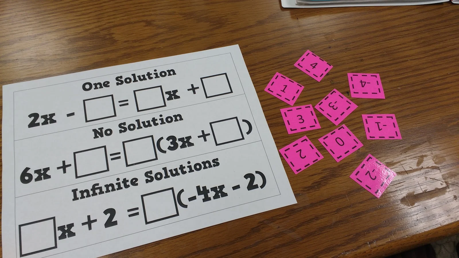 Linear Equations: One Solution, No Solution, Infinitely Many Solutions Worksheet Image Card sort activity for eighth graders on linear equations with varying solutions