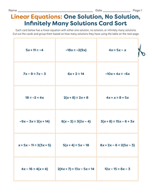 Engaging activity to enhance understanding of linear equations in eighth-grade math Card-sort worksheet for eighth graders on linear equations with one solution, no solution, and infinitely many solutions