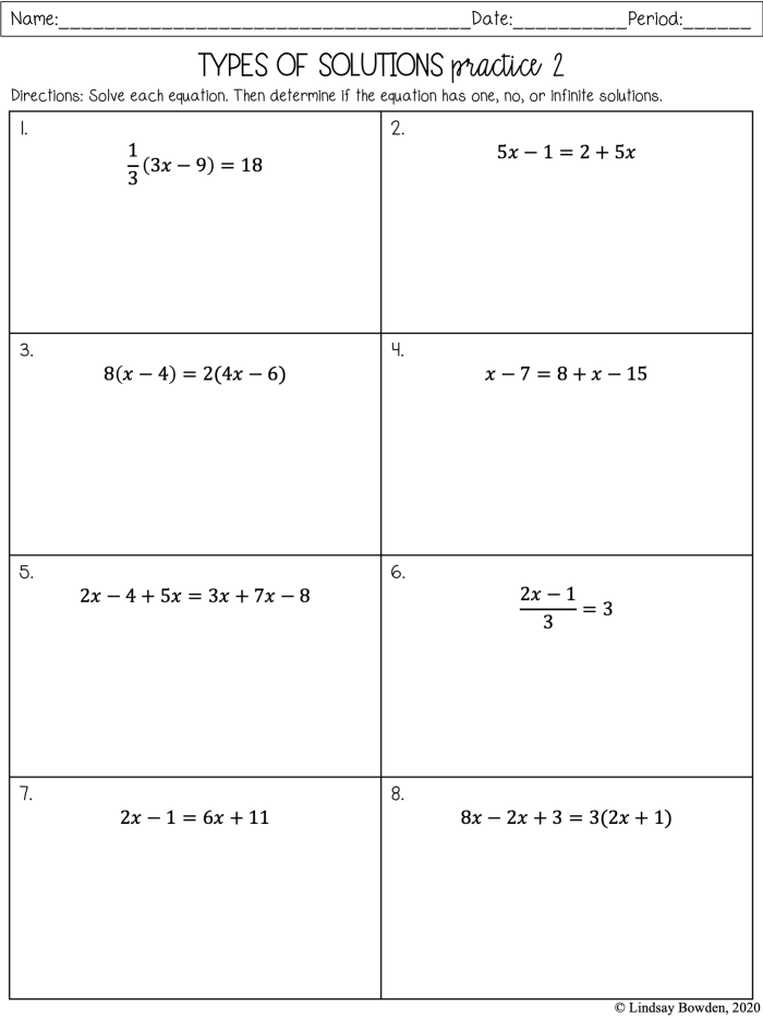 Engaging activity for practicing linear equation solutions in eighth-grade math Card sort worksheet for eighth graders on linear equations with one, no, and infinitely many solutions