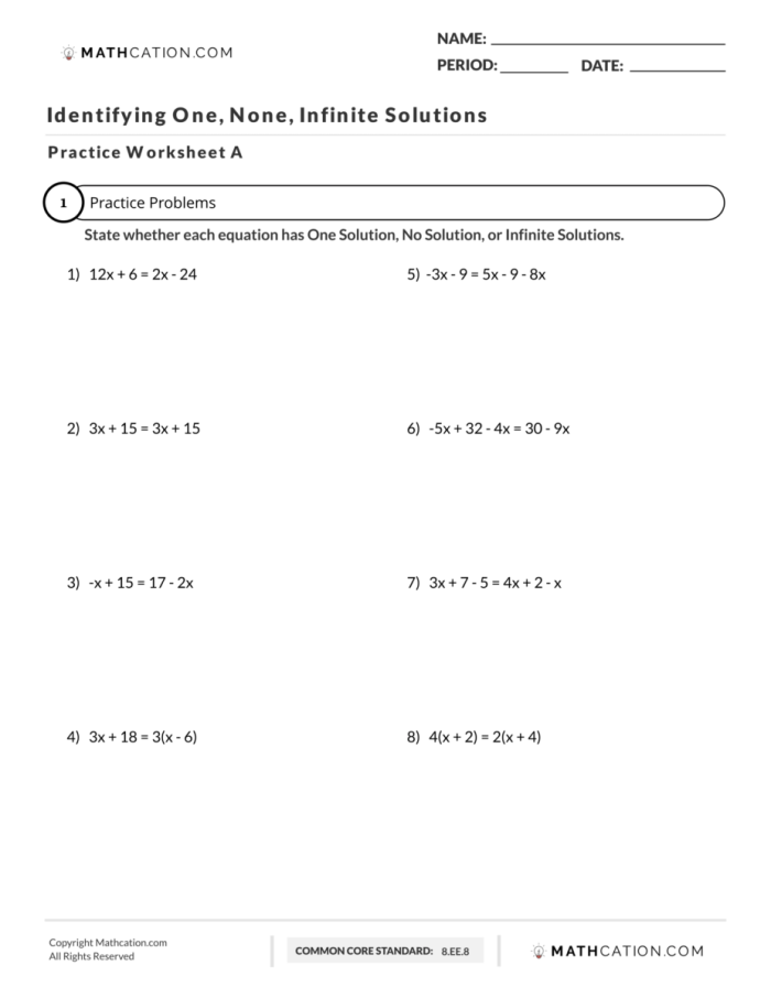 Engaging card sort for determining solutions of linear equations in eighth-grade math Worksheet featuring a card sort activity on linear equations solutions for eighth graders