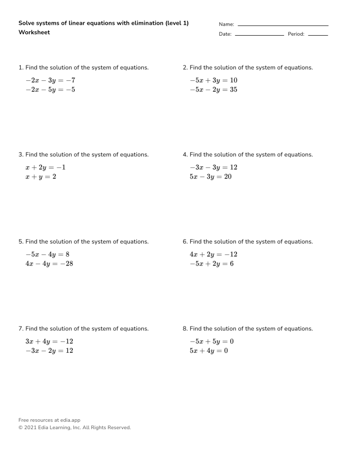 Worksheet for solving systems of linear equations using graphing, substitution, and elimination methods. Helpful reference sheet for eighth-grade students to master equation solutions.