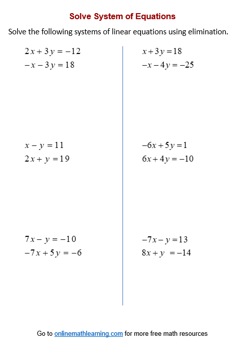 Worksheet for eighth graders on solving systems of linear equations using graphing, substitution, and elimination methods