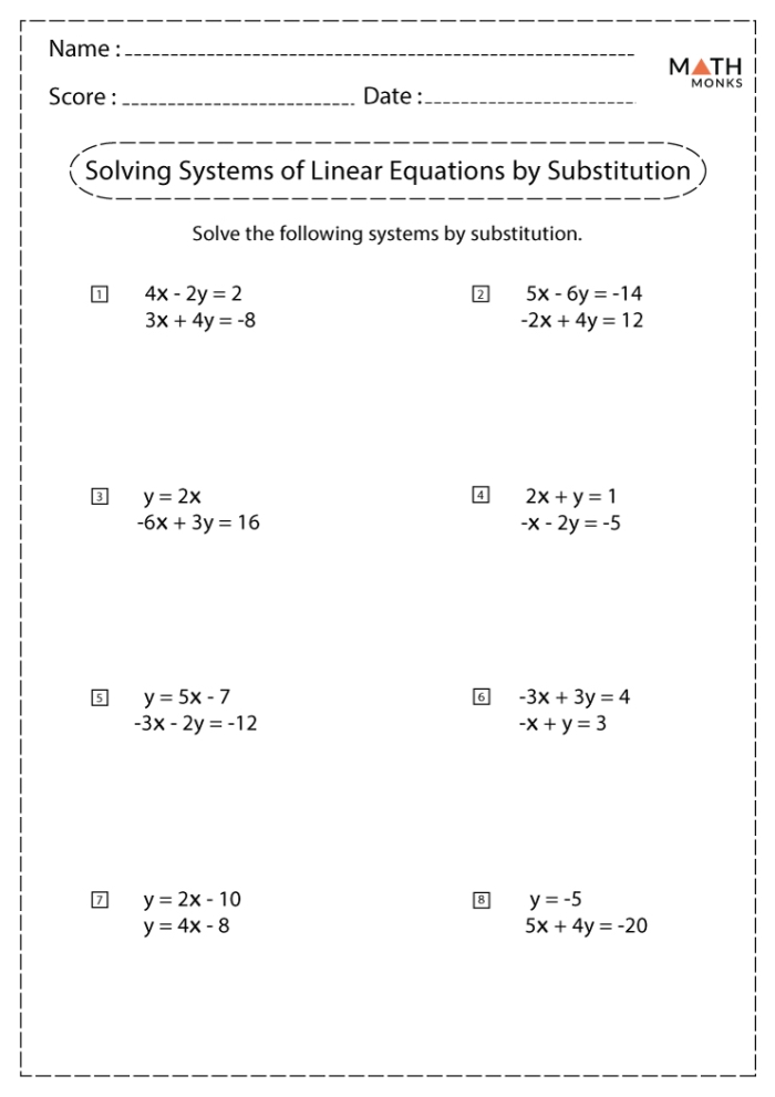 Worksheet demonstrating solving systems of linear equations using graphing, substitution, and elimination methods. Educational reference for eighth-grade students on linear equations solutions.