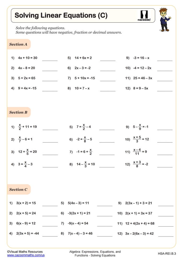 Solutions to Linear Equations Practice Worksheet for Eighth Grade Math 16 Eighth grade algebra worksheet focusing on identifying the number of solutions to linear equations
