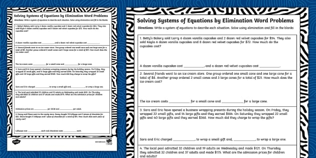 Students engaged in solving systems of linear equations word problems on a worksheet