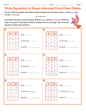 Eighth-grade worksheet focused on writing linear equations using the y-intercept and a point