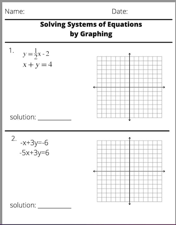 Worksheet for solving systems of linear equations using graphing, substitution, and elimination methods
