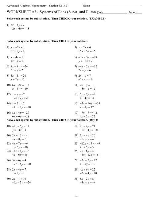 Worksheet illustrating methods for solving systems of linear equations by graphing, substitution, and elimination