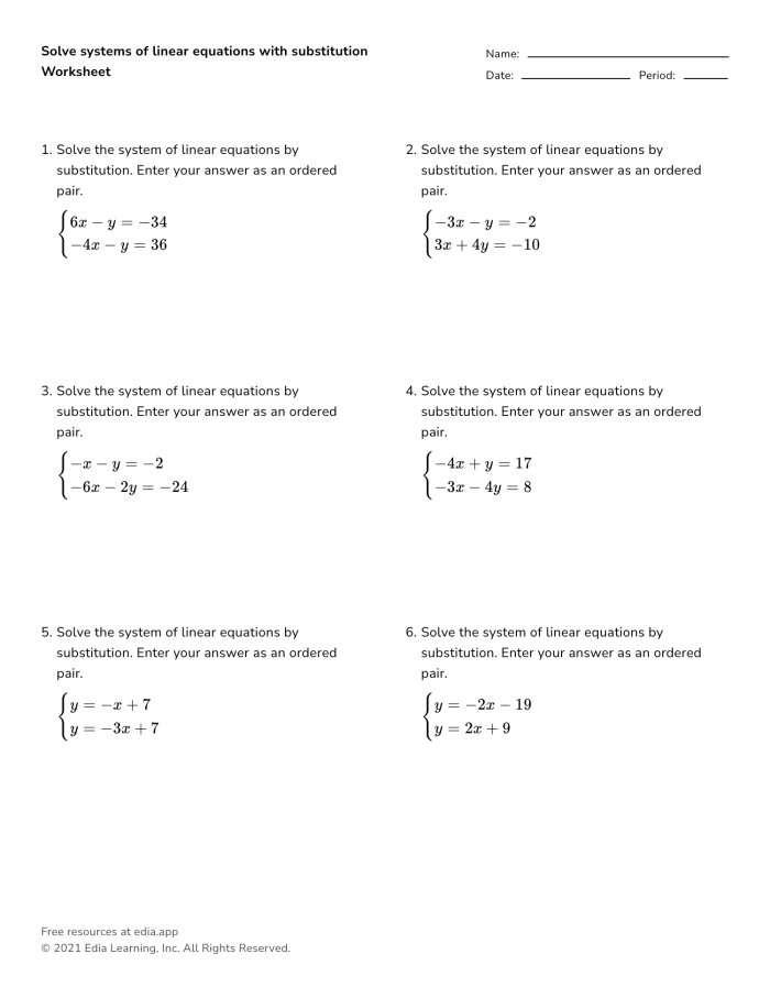 Worksheet for solving systems of linear equations using graphing, substitution, and elimination methods