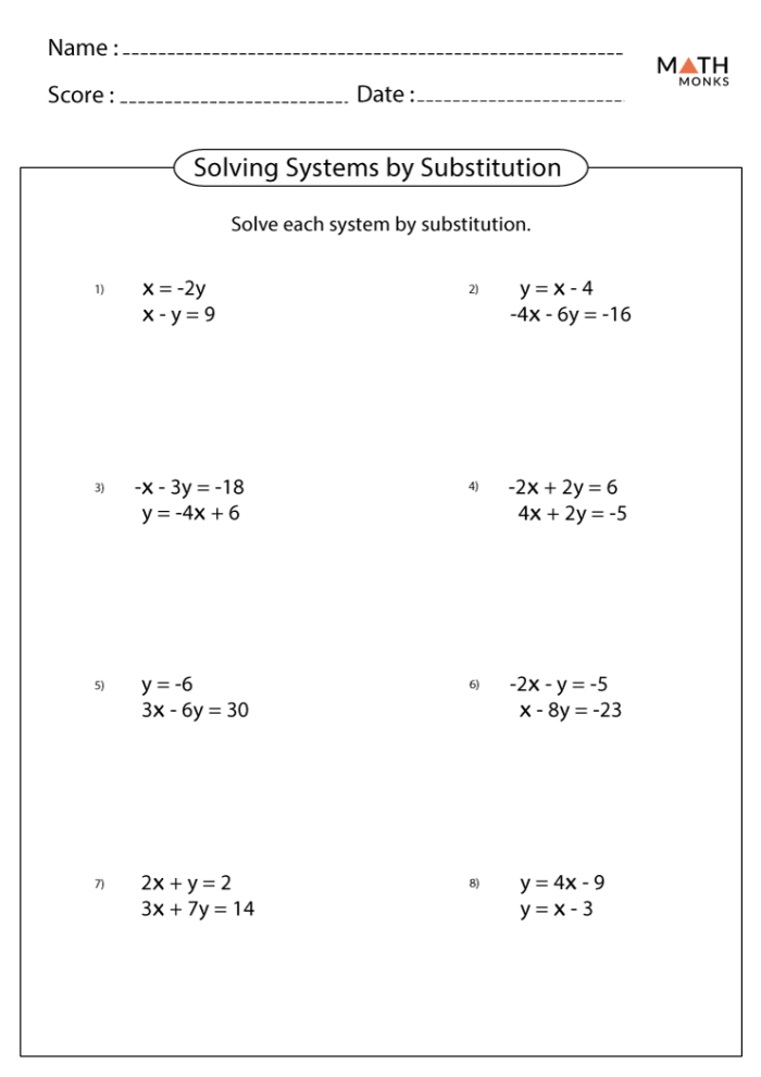 Worksheet for solving systems of linear equations using graphing, substitution, and elimination methods
