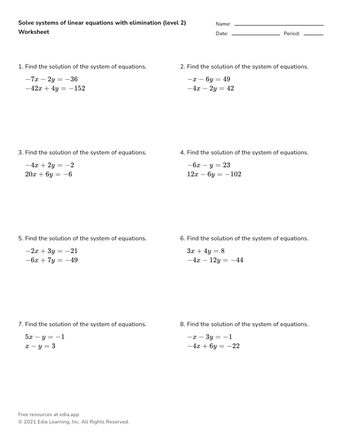 Worksheet for understanding systems of linear equations via graphing, substitution, and elimination
