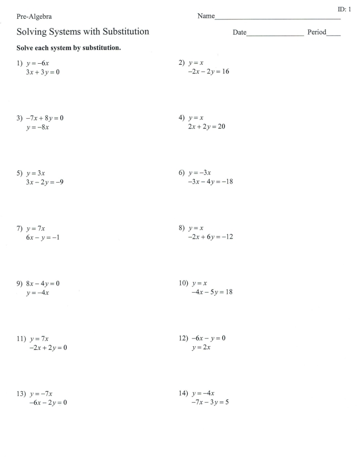 Worksheet for eighth graders on solving systems of linear equations using graphing, substitution, and elimination methods