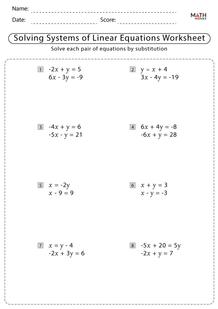 Worksheet for solving systems of linear equations using graphing, substitution, and elimination methods
