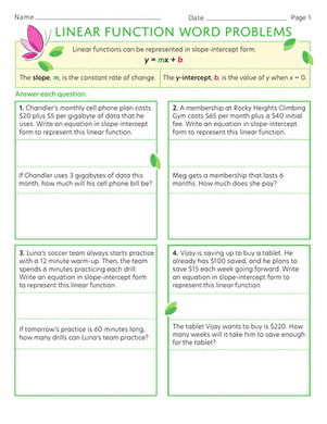 Linear Function Word Problems worksheet for eighth-grade students to enhance their algebra skills