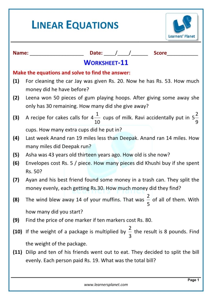 Worksheet featuring linear function word problems for eighth graders