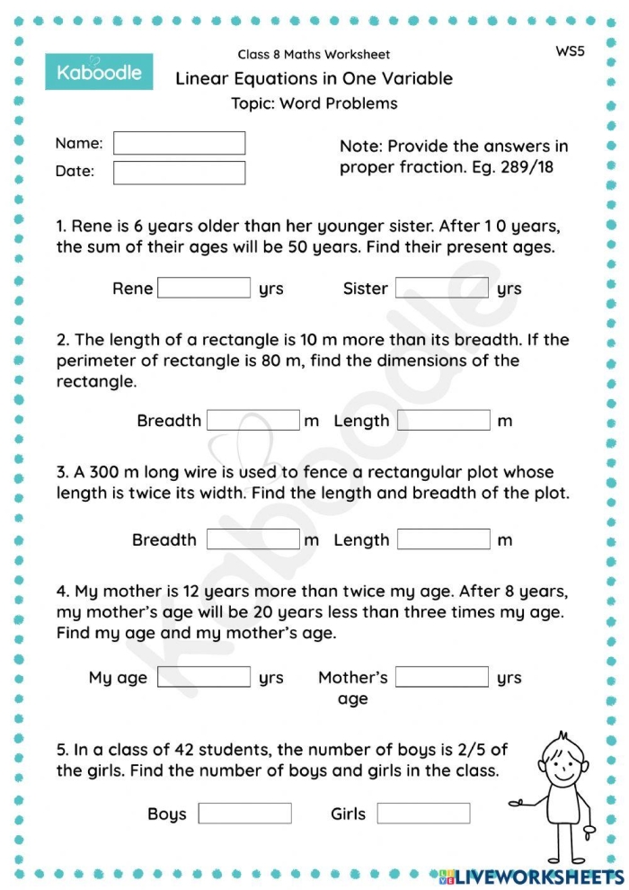 Eighth grade students solving linear function word problems on a two-page algebra practice worksheet