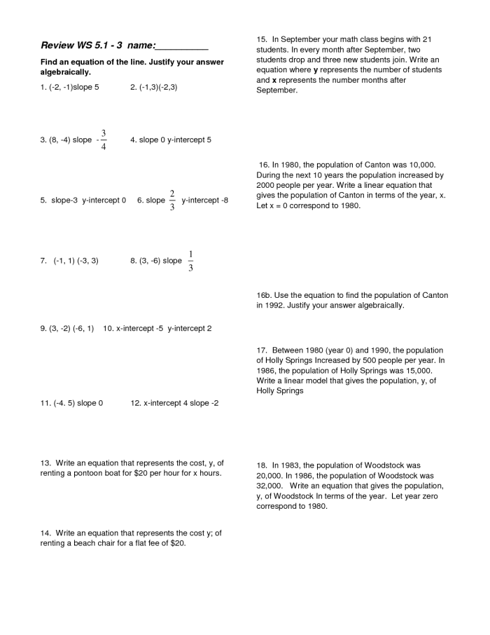 Worksheet featuring linear function word problems for eighth-grade students