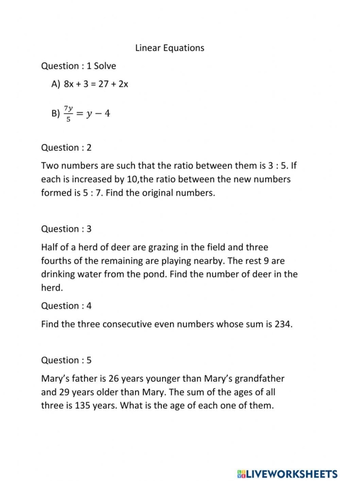 Worksheet featuring linear function word problems for eighth graders