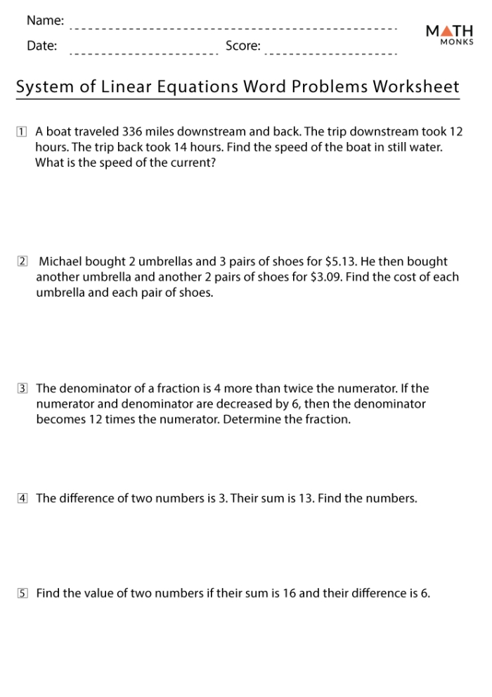 Worksheet for solving linear function word problems for eighth graders