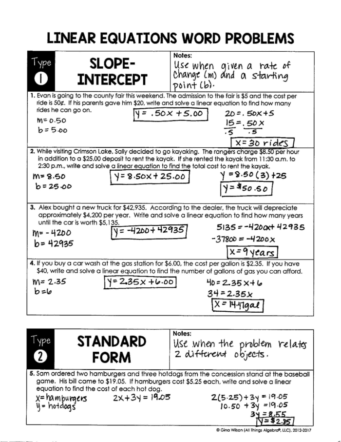 Eighth grade student working on a two-page algebra worksheet about linear function word problems