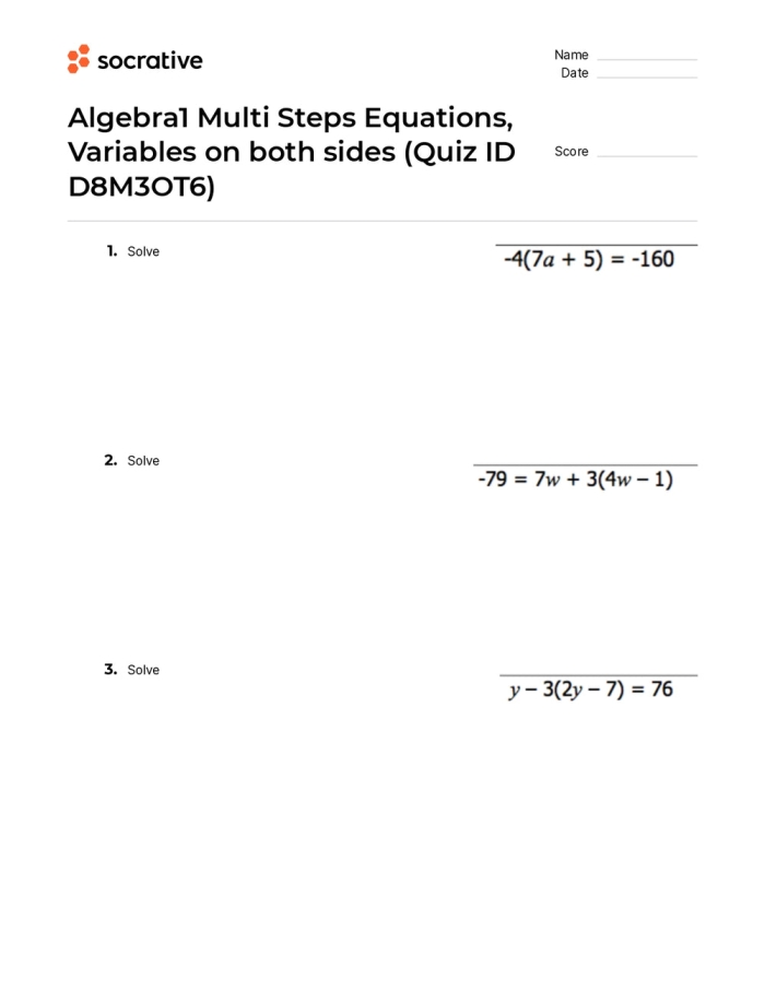 Eighth grade math worksheet focusing on solving multi-step equations with one variable