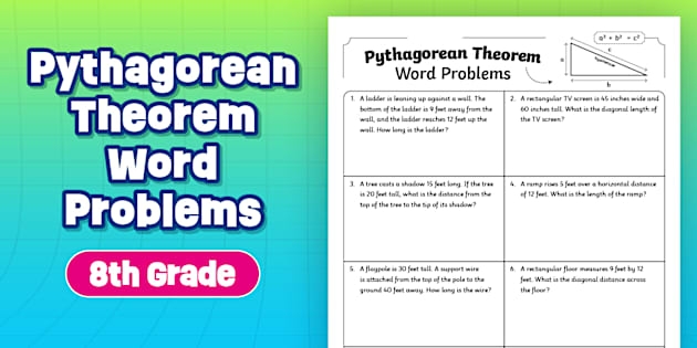 Eighth grade geometry worksheet featuring various right triangles for practicing the Pythagorean theorem